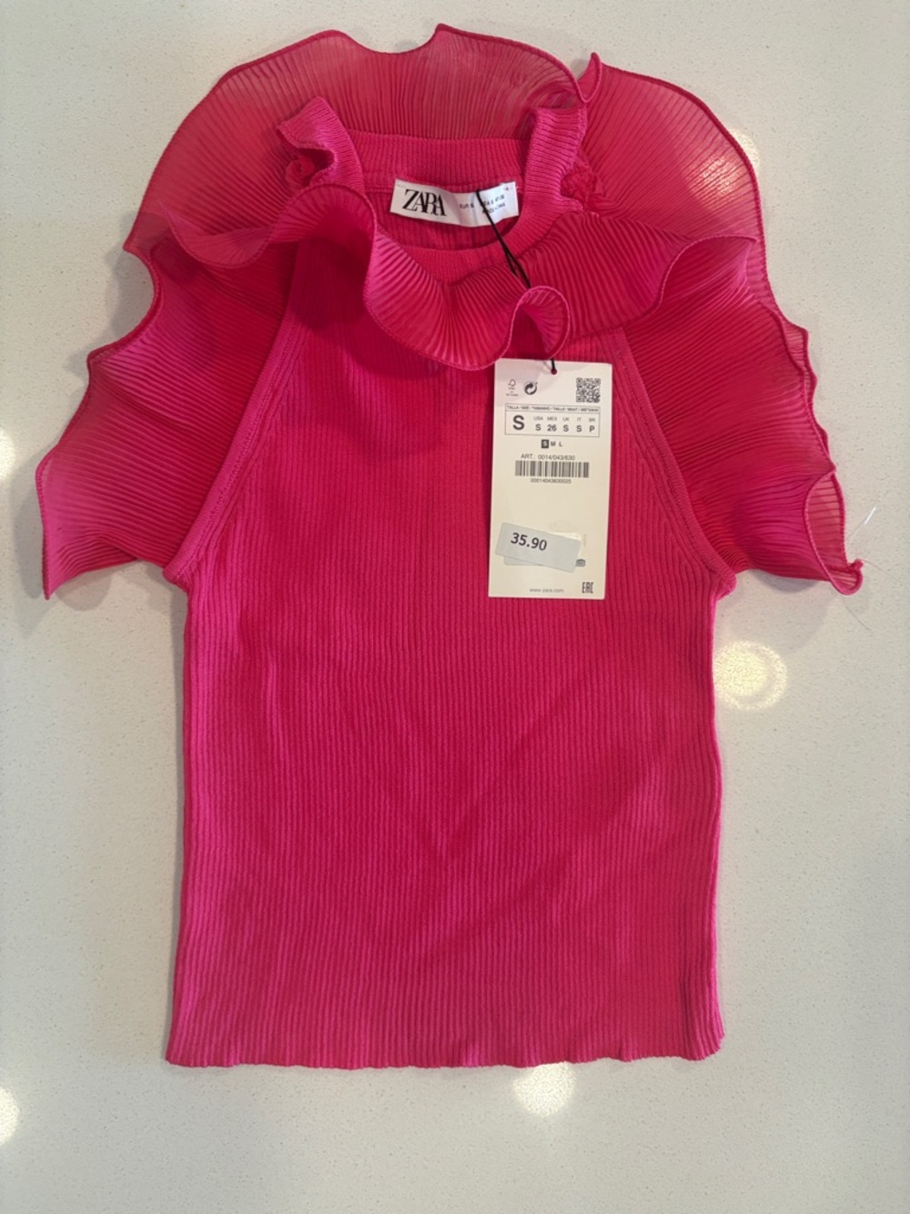 Zara Hot Pink Ribbed Ruffle Cold-Shoulder Tank - Picture 5 of 7